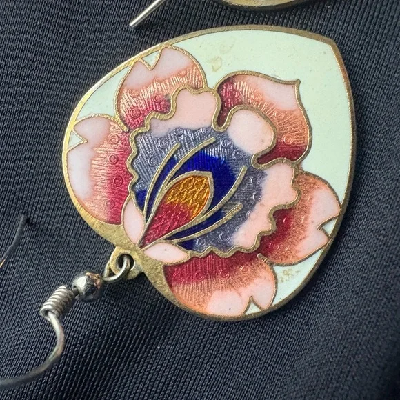 Cloisonné Floral Heart Earrings with Pink and Blue Accents - Picture 3 of 4